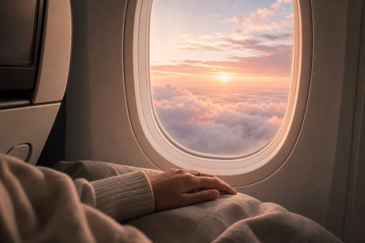 Calm view from an airplane window at dawn